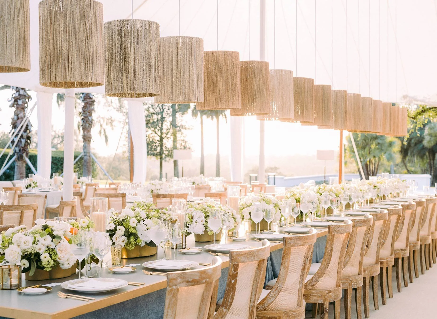 Blue and white wedding floral tablescape